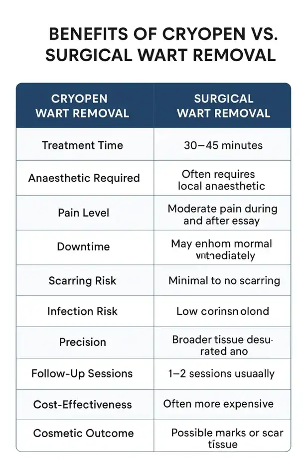 Table showing the benefits of cryopen to remove warts Oldham compared to surgical treatment